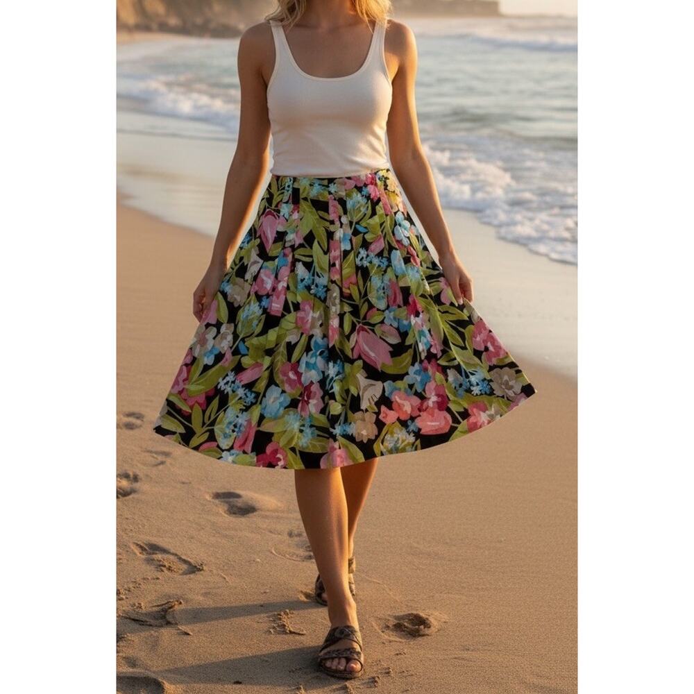 Talbots Womens Skirt Petites Size 12 Floral Pleated A-line Lined Side Zip Cotton